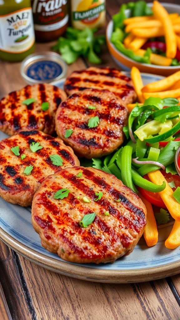 Grilled hamburger patties on a plate with salad and fries.